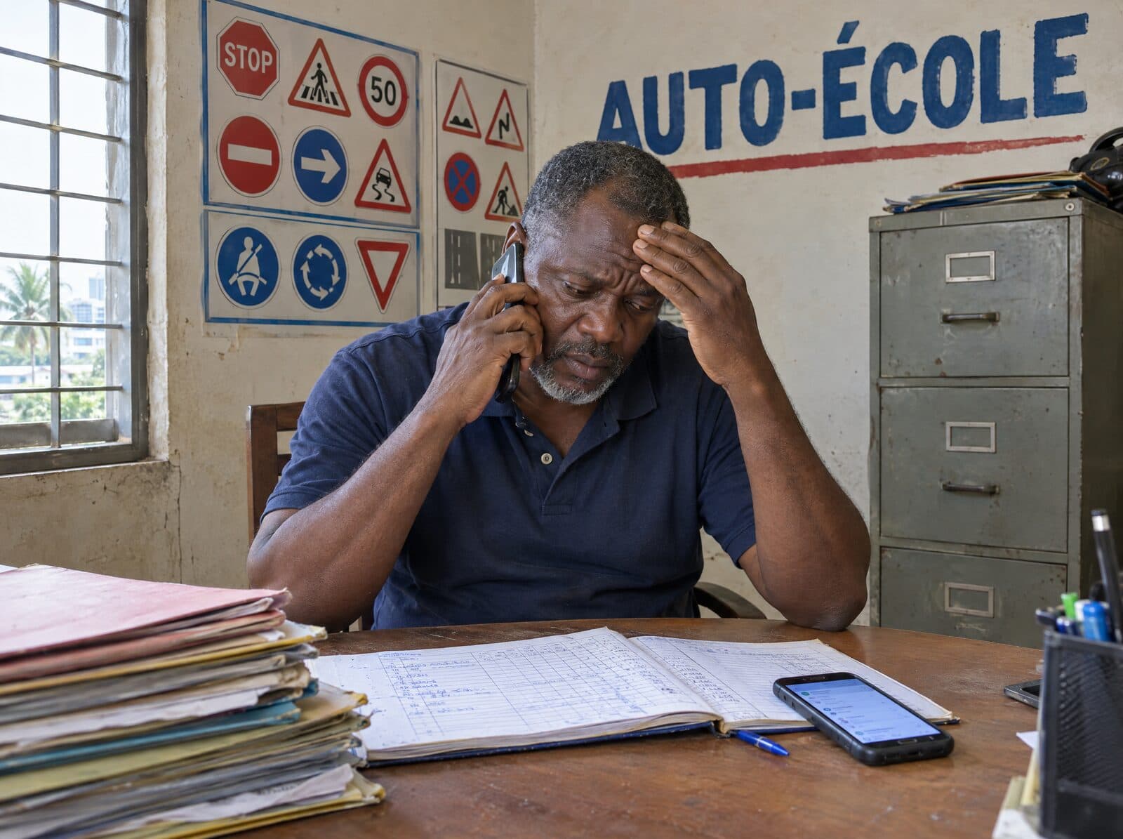 Un responsable d'auto-école au téléphone, la main sur le front, devant son registre et une pile de dossiers