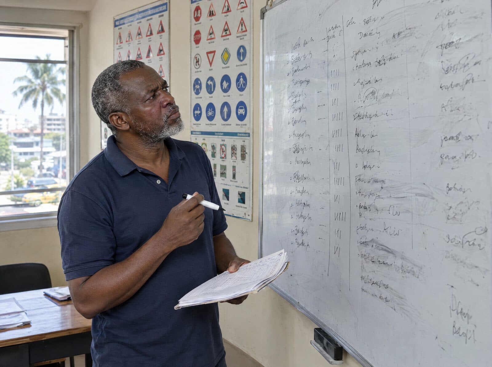 Un responsable d'auto-école, registre en main, devant un tableau blanc couvert de listes de noms