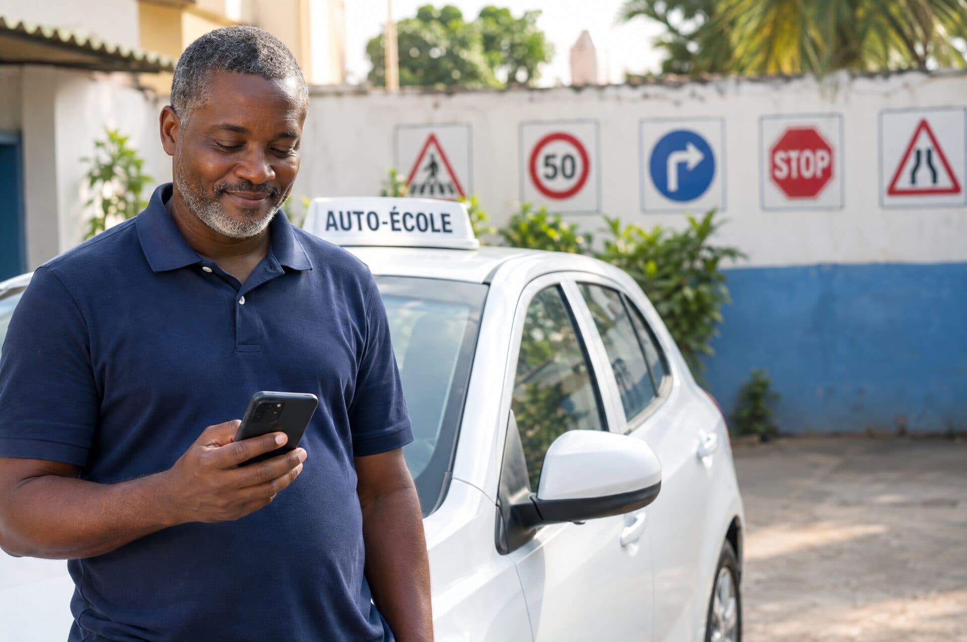Un responsable d'auto-école, serein, consulte son téléphone devant sa voiture d'auto-école